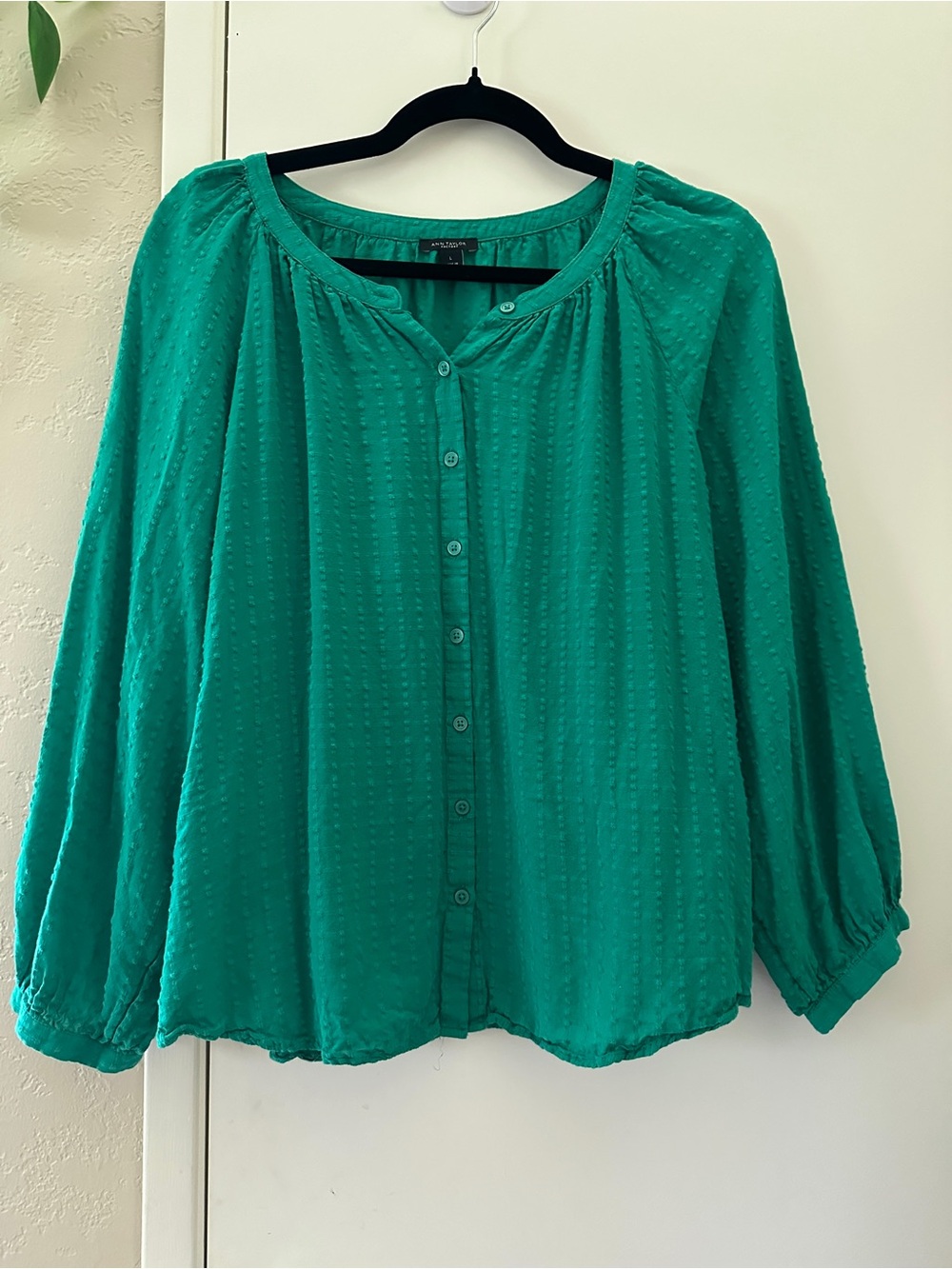 Ann Taylor Button-Front Blouse Size Large- Teal Swiss Dot